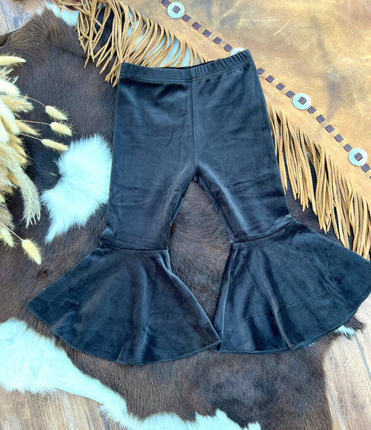 Lina Pleated Velour Bell Bottoms - Black